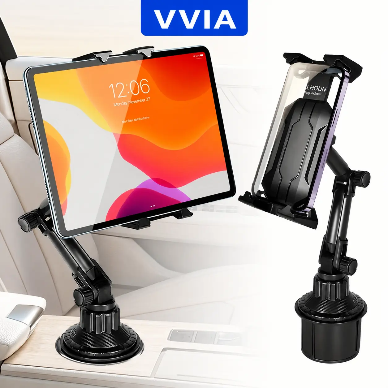 Cup Holder Tablet Mount& Phone Mount For Car, Adjustable Base Tablet Car Cradle Holder Phone Mount Compatible For Most 4-14" Cell Phones And Tablets
