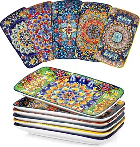 Simi 9.5 Inch Rectangular Dinner Plates Set of 6 - Bohemian Floral Design in 6 Vibrant Colors, Microwave & Dishwasher Safe Porcelain Plates for Salad, Appetizers, Entertaining