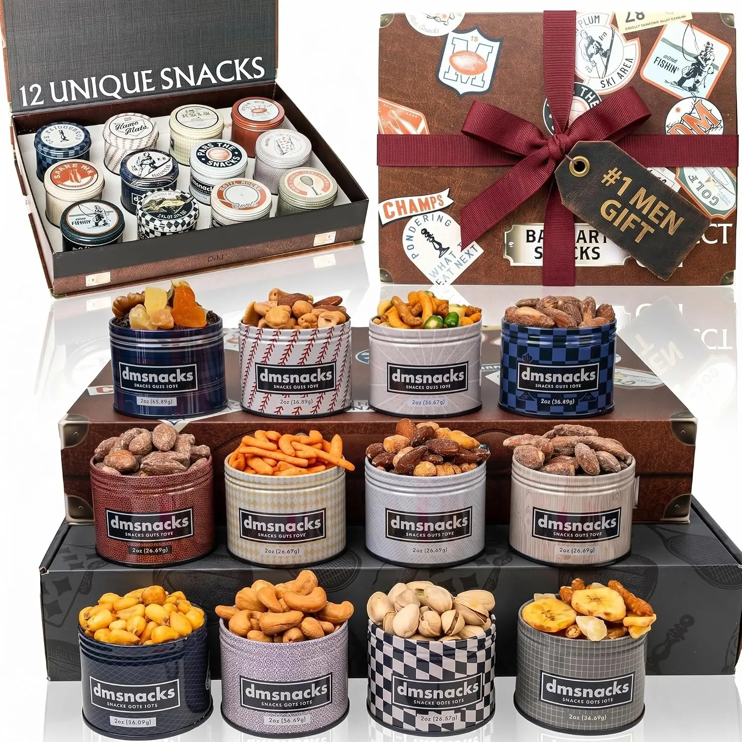 Snack Box Gift Basket for Men, Birthday Gift for Men, Women, Food Care Package, Unique Tins of Assorted Nuts, Snacks in Stunning Case - Treat for Men, Women, Dad, Friends, Family, Fathers Day Gift