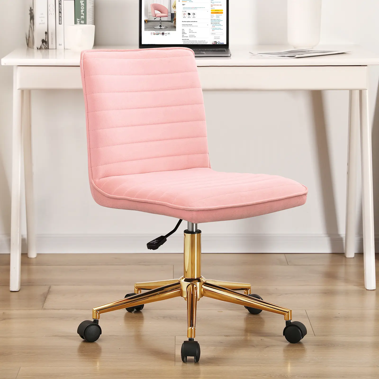 Furnimart Swivel Armless Desk Chair with Wheels, Velvet Upholstered Home Office Chair Mid-Back Adjustable Chair for Bedroom Dorm Living Room