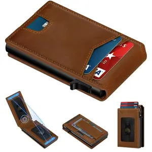 High Quality Luxury Full Grain Leather Mens Cash Wallet Aluminum Card Holder RFID Pop up Card Wallet with Magnetic Money Clip