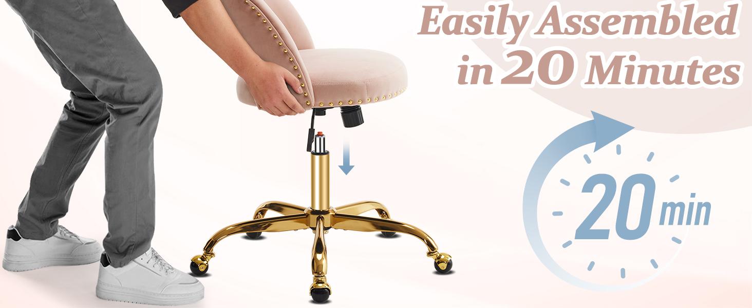 Karlhome  Modern Velvet Small Office Chair,Cute Desk Chair with Wheels,Gold Base/Studs, Comfy Armless Swivel Vanity Task Chair for Women/Girl/Kids, Nail Tech Chair for Bedroom,Small Space,Pink