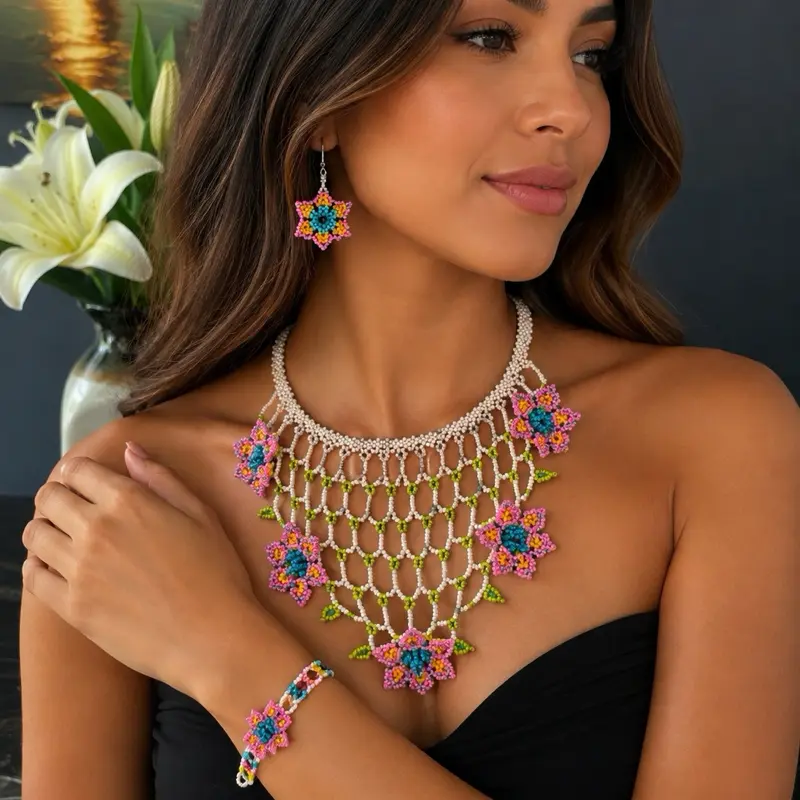 Mexican Huichol Handmade Handwoven Beaded Chaquira- Tejido Web Design