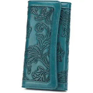 Women's Wallet Leather RFID Blocking Trifold Ladies Purse Embossed long Clutch Card Holder Phone Checkbook Organizer