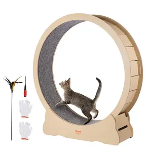 【fathersdaygift】VEVOR Wooden Cat Exercise Wheel 52" Large Cat Treadmill Wheel for Indoor CatsCat Running Wheel with Detachable Carpet & Cat Teaser for Running/Walking/TrainingSuitable for Most Cats