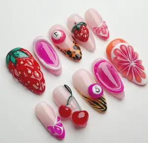 Pink Strawberry 3d Nails, Fruit Style Press on Nails, Elegent Handmade Almond Nail, Luxury Nails, Custom Nails, Party, Birthday Baby Gifts, Nailart, Vacation Press-on nails