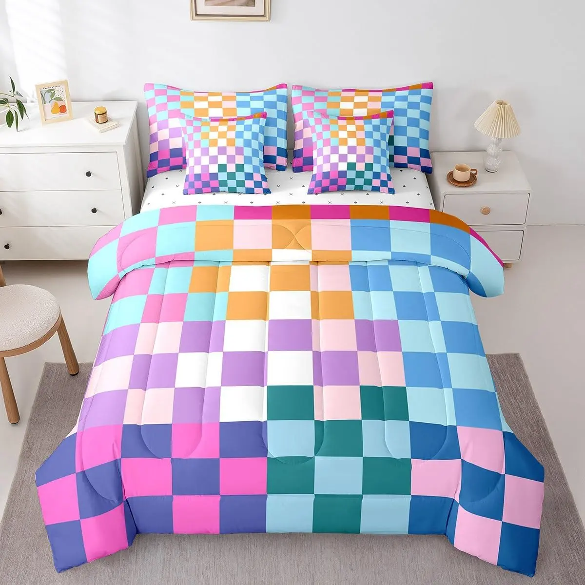 Feelyou 7-Piece Blanket Bedding Set - Microfiber Patchwork Quilt Cover Set with Retro Multicolored Checkered Geometric Colorblock Design for Kids, Patchwork Quilt Sets