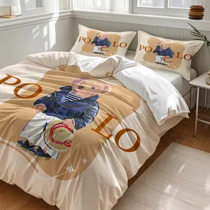 Polo Bear American Retro Collegiate Style Printed Theme, Cute Bear Design, Creamy Style Suitable For Family Bedrooms And Dormitories, Includes Duvet Cover And Pillowcases, Without Filling, Perfect For Daily Home Use Or As A Gift