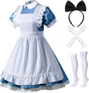 Wannsee Japanese Anime 6Pcs Lolita French Maid Apron Fancy Dress Cosplay Costume Gloves Headwear Socks set(Blue Plus size 4XL)