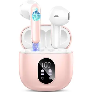 Wireless Earbuds, Bluetooth 5.4 Headphones 50H Playback Bass Stereo Ear Buds with 4 ENC Cancelling Mics, Bluetooth Earbuds Dual LED Display IP7 Waterproof in-Ear Earphones USB-C for Android iOS Pink