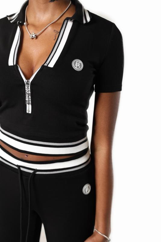 Lavoure Polo Set - Black Crop Top & Pants Set with White Stripes and Zipper Detail for Women