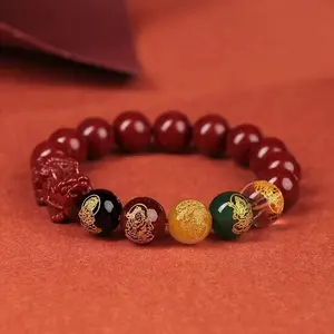Five Blessings Pixiu Wealth Crystal bracelet handmade  with cinnabar bead-attracts wealth and positive energy; Taoist blessing feng shui for five-element balance & wealth attraction| Year-Round Wearable for Seasons