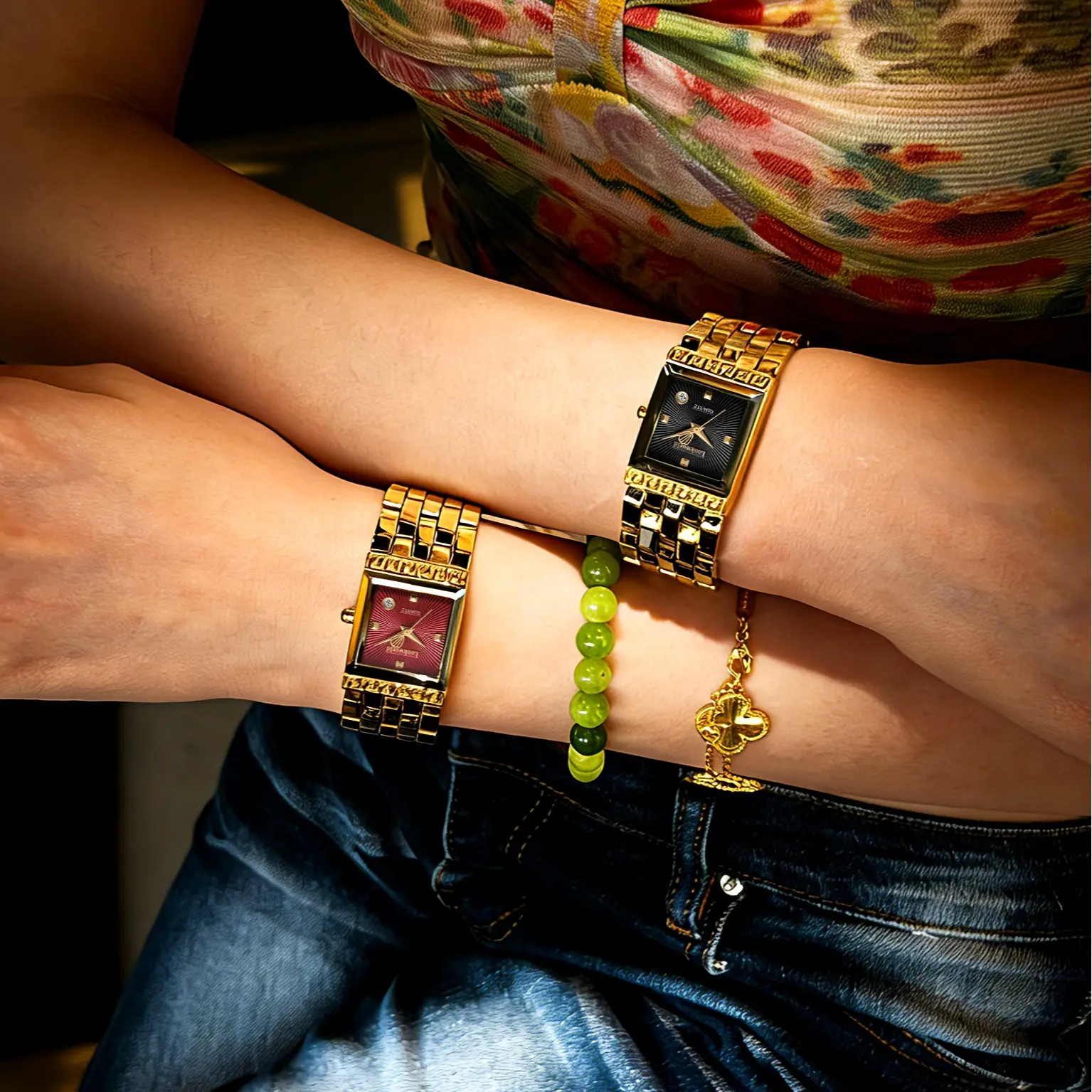 Vintage Gold Square Watch for Women Red Dial Greek Key Style 