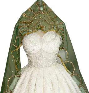 Elegant Green Wedding Veil with Gold Embroidery for Bridal Accessories