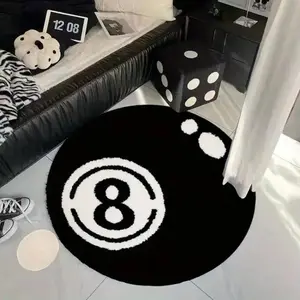 Creative Eight Ball Round Plush Carpet, Soft Comfortable Indoor Decor Rug for Bedroom Living Room Sports Theme Fashion Home Decoration