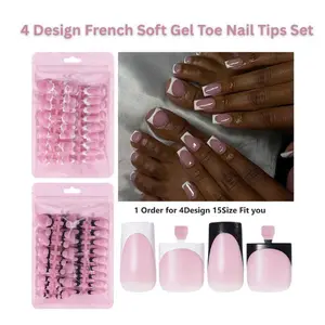 4-Design French Soft Gel Toe Nail Tips Set – 120PCS White, Pink & Black Full Cover Square Press-On Toenails for Women, Home DIY & Salon, 15 Sizes, Wider Fit