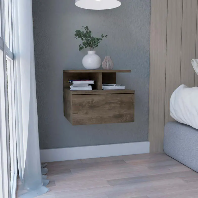 Floating Nightstand 12"H Wall Mounted with Single Drawer and 2-Tier Shelf Dark Walnut