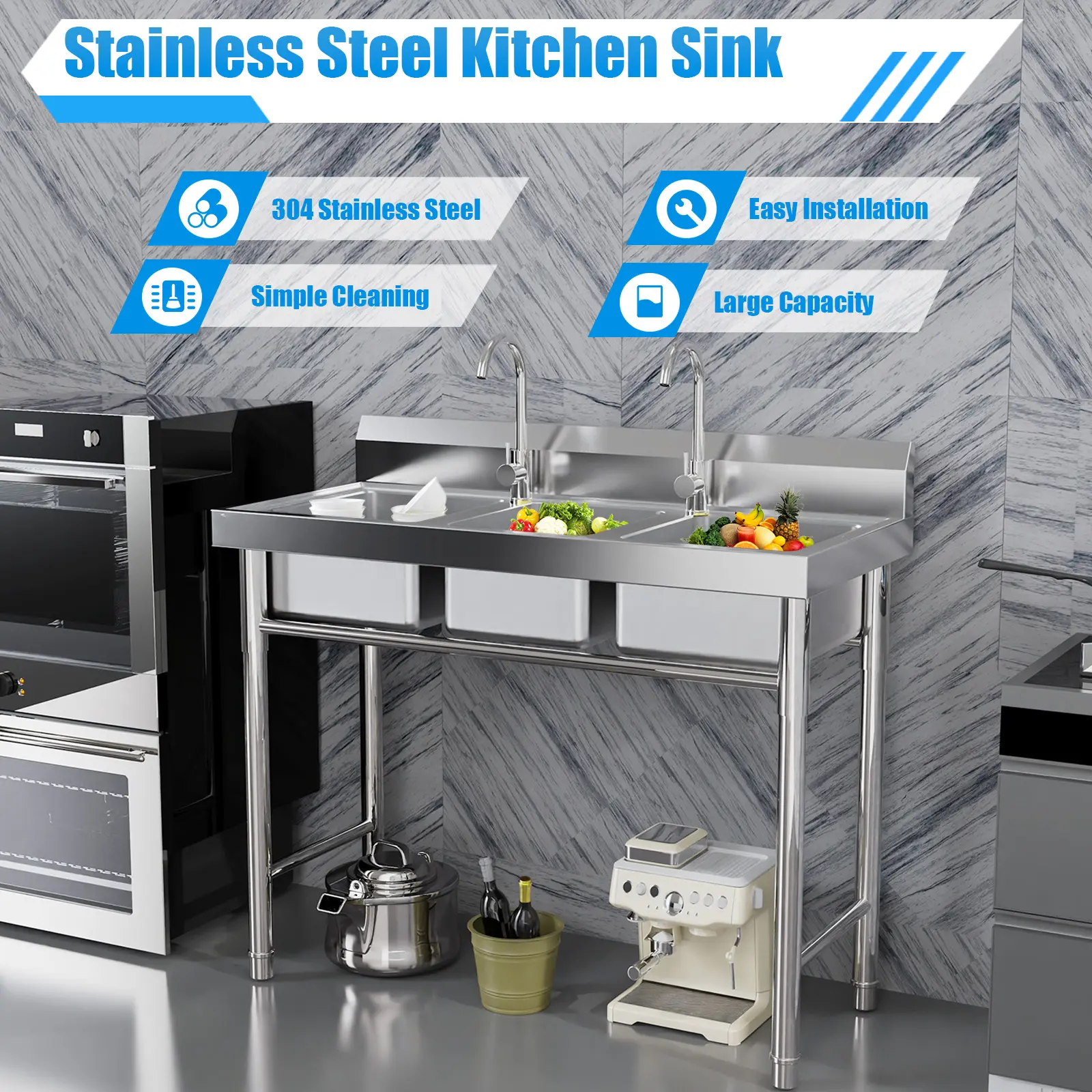 CNCEST 3-Compartment 304 Stainless Steel Bowl Sink, Freestanding Commercial Utility Sink with 440lb Capacity, 35.8" Height for Restaurants & Kitchens