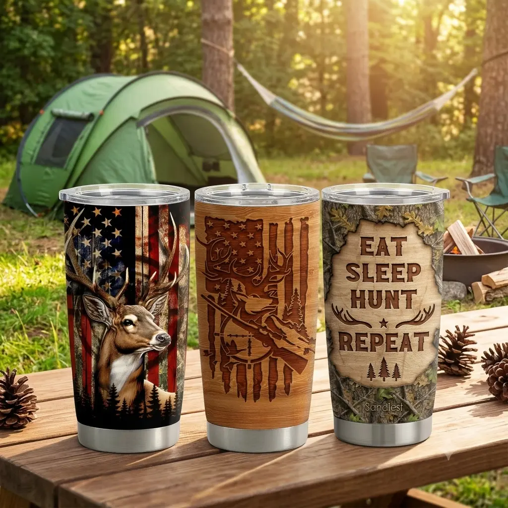 SANDJEST Hunting Collection 20oz Stainless Steel Insulated Coffee Tumbler with Lid, Stylish Vacuum Flask, Portable Car-Cup Holder Fit Travel Mug, Mess-Free Sipping Father’s Day Gift for Men