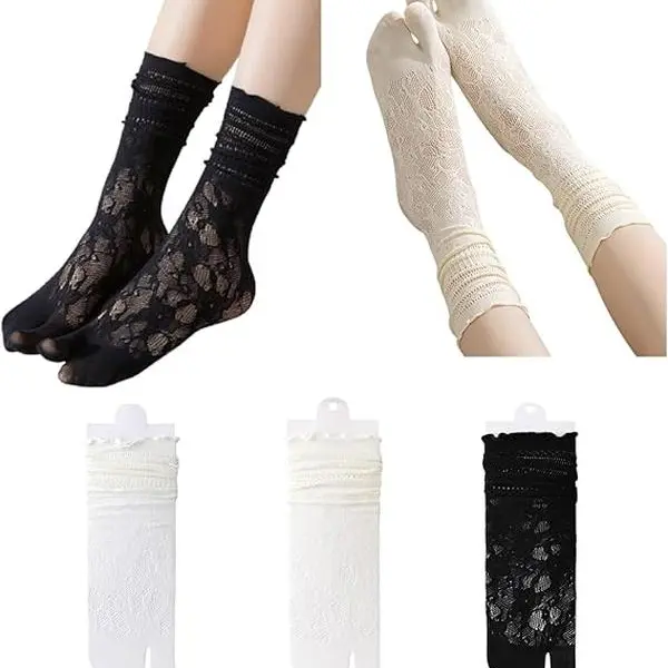 Women's 3-Pairs Black Lace Split-Toe Tabi Socks - Mesh Fabric, Breathable, Moisture-Wick, Comfortable, Good Fit, Slouch Design for Flip Flops - Car Interior Decoration Accessory, Birthday/Party Presents for Friends
