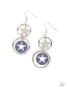 Liberty and SPARKLE for All - Blue Rhinestones Cover Silver Disc with Cutout Star Under White Rhinestone Covered Star Surrounded by Hoops on Hook Earrings