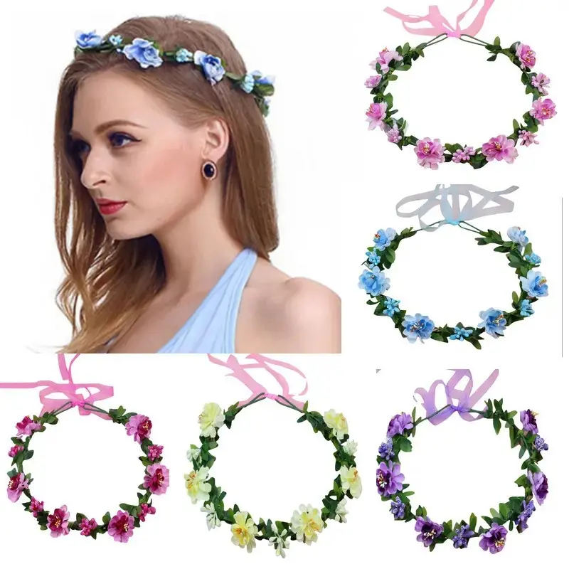 Artificial Flower Crown Wreath Headband Adjustable Ribbon Floral Hair Wreath For Wedding Bridesmaid Vacation Party Photoshoot