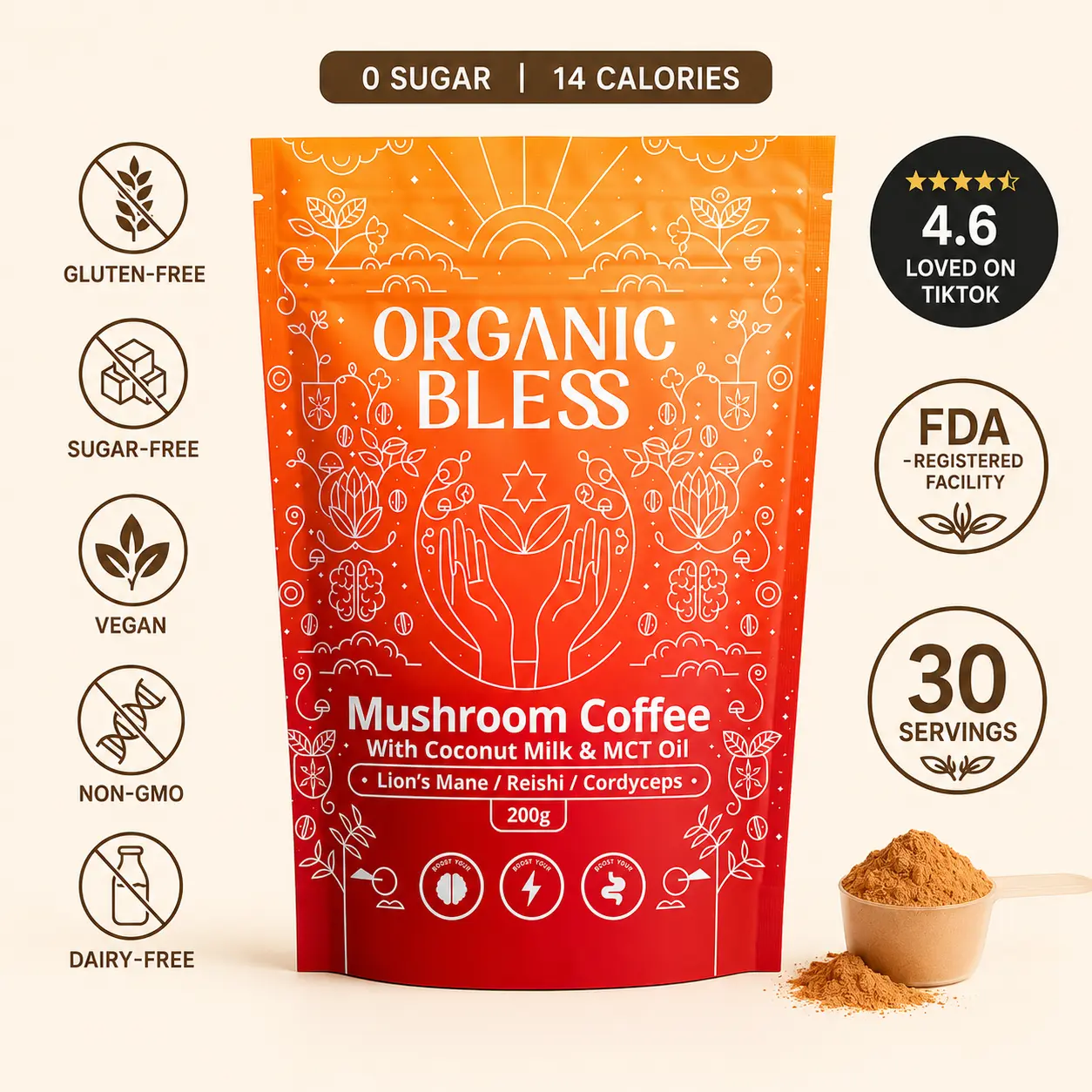 Organic Bless Mushroom Coffee Beverage - 30 Servings, Coconut Milk & MCT, Lion's Mane-Reishi-Cordyceps, Creamy Instant Latte, No Sugar, Keto-Friendly