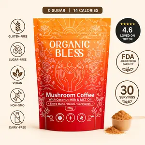 ORGANIC BLESS Instant Mushroom Coffee Brew with Coconut Milk & MCT Oil – Organic Lion’s Mane, Reishi & Cordyceps Blend for Energy, Focus & Clarity – Adaptogenic Mushroom Coffee – Immune Support – TikTok Brew Coffee – 30 Servings per Pack