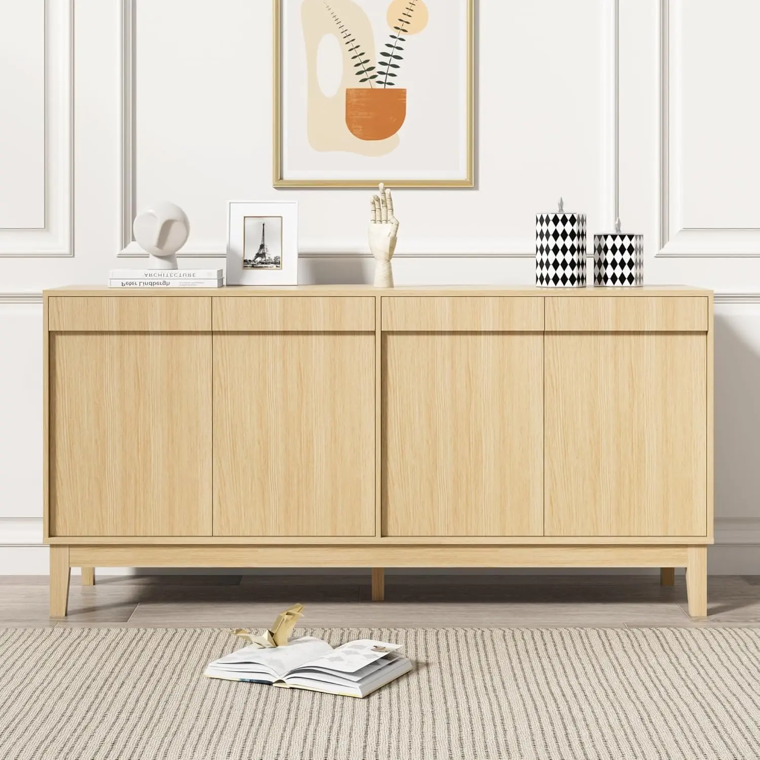 【Summervibes】Scurrty Modern Buffet Cabinet with Storage Wood Color Adjustable Shelves Doors Natural Wood Grain for Living Room Kitchen Sideboard