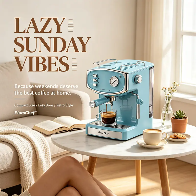 PlumChef Retro Espresso Machine Sky Blue Vintage  20 Bar Steam Wand Milk Frother Cappuccino Latte  Macchiato Maker Home Barista Cafe Aesthetic  Kitchen Gift Coffee Lovers Compact Machine