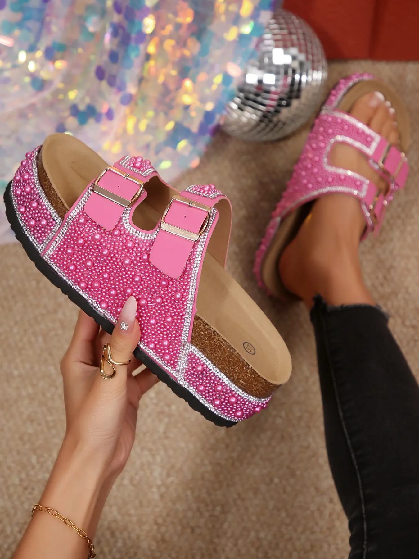 Women's Luxury Rhinestone Wedges Slippers, Fashionable Commuter Sandals, Thick Sole Dual Buckle Strap, PU Leather & Rubber Sole, Plain Design