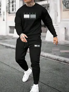 Men's Letter Print Sweatshirt & Pants Loungewear Two-piece Set, Regular Fit Casual Soft Comfortable Fitted Round Neck Long Sleeve Pullover & Trousers Set, Men's Loungewear for Fall & Winter, Menswear