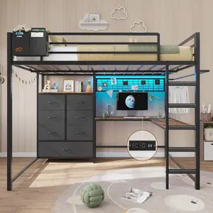Sikaic Full Size Loft Bed with L-Shaped Desk, 7 Storage Drawers, LED Lights & Charging Station, Metal Loft Bed with Safety Guardrail & Ladder, No Box Spring Needed, Black