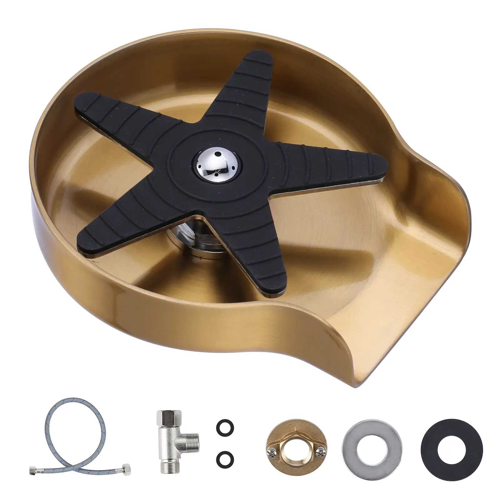 WOWOW Stainless Steel Kitchen Sink Glass Rinser Cup Washer - 360° Rotating Spout, Auto Spray, Propeller-Shape Silicone Blade, Efficient Cleaning, for <3.54 in. Cups, Included Supply Lines, Bottle Washer, Easy Installation Kitchen Fixture Accessory (Gold),