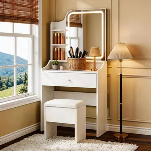 Small Makeup Vanity Desk with Adjustable LED Lights, Compact Vanity Set with Storage Drawers & Stool & Shelves, Modern Vanity with Metal Legs for Bedroom