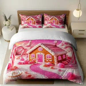 3PCS Duvet Cover Set, 1 Duvet+2 Pillowcases(Without filler), Gingerbread Candy Christmas Winter Fantasy Holiday theme, Christmas bedding set, Festive Cozy Warm Suitable for decoration Bedroom Living Room Guest Room Hotel.