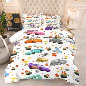 Cars Movie Print Comforter Set, 1 Comforter & 1 or 2 Coreless Pillowcases, Mcqueen Tow Truck Mater Racing Car Design, Plush Soft Comfortable, Minimalist Childlike style Bedroom Decor Gift for Fans
