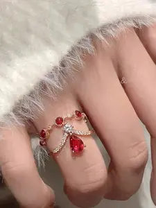 Rose Gold Bow Teardrop Ruby Double Band Ring, Paved Clear Cz Stackable Statement Ring, Elegant Luxury Wedding Party Jewelry for Women, Stackable Rings