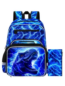Lightning T-Rex Backpack Set with Lunch Box & Pencil Case, Preppy Style, Perfect for Dino-Loving Boys, All Seasons