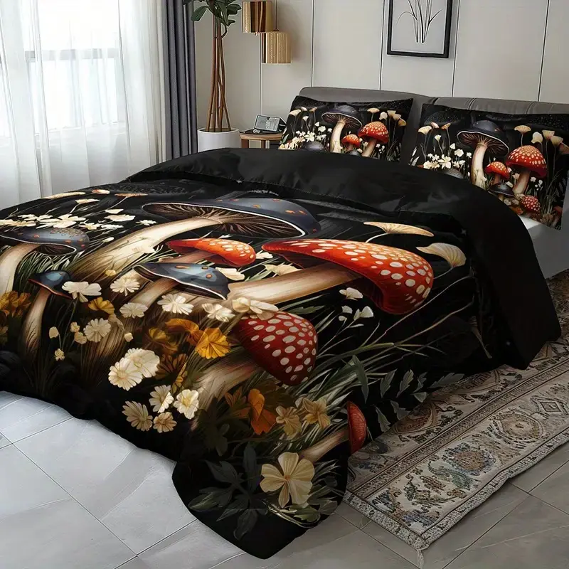 3-Piece Dark Mushroom Pattern Decorative Bedding Set, Soft Polyester Cotton Fabric, Includes 1 Fitted Sheet and 2 Pillowcases, Home Decor, Bedroom Bedding Set, Bedset, Decorative Bedsheet Sets