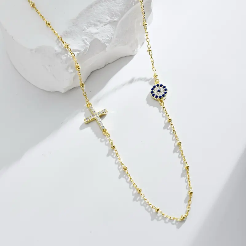S925 Sterling Silver Gold Plated Evil Eye and Cross charms necklace-Minimal and Dainty Design Perfect Gift for Her