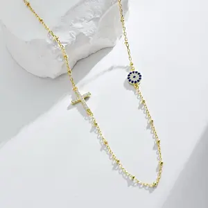 S925 Sterling Silver Gold Plated Evil Eye and Cross charms necklace-Minimal and Dainty Design Perfect Gift for Her