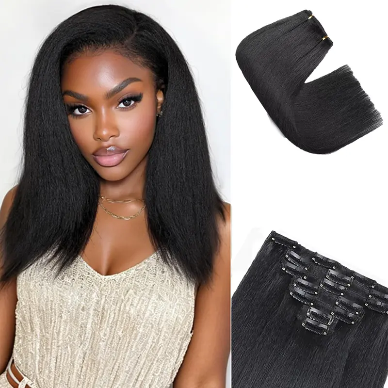 7Pcs Kinky Straight Synthetic Hair Clip in Extensions 120g Full Head Coverage Clip ins for Women Yaki Straight Clip ins Black 12 Inch to 26 Inch   Clip in Hairpiece