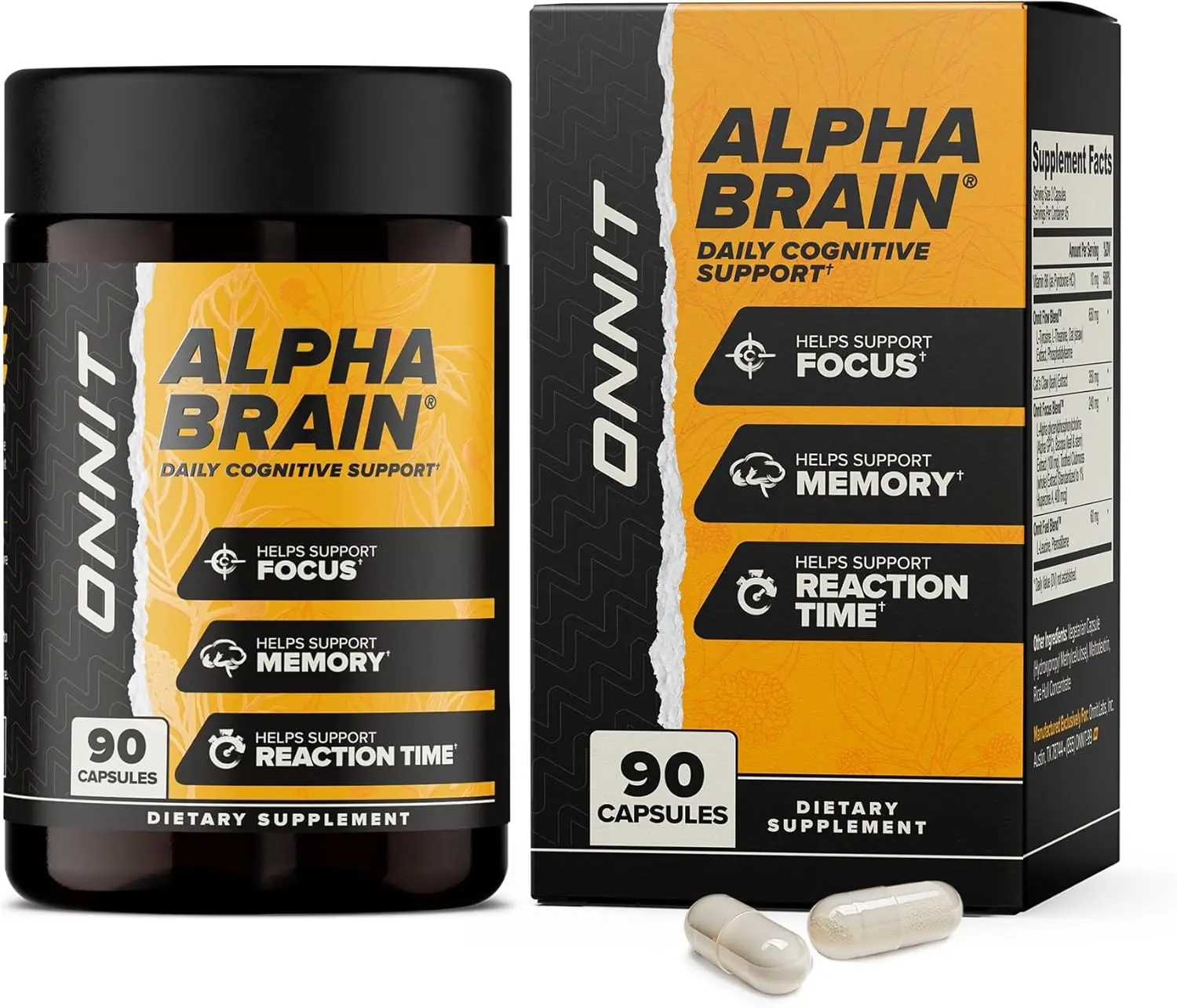 ONNIT Alpha BRAIN Natural Nootropic Dietary Supplement - Caffeine-Free, Focus Boost, 90 Count Capsules, Brain Health Support, 1 Bottle