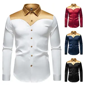 2025 Men'S Satin Smooth Color Blocked Long Sleeved Shirt European Size Fashionable Shirt Men'S Top