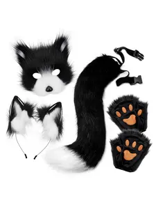 F Furry Fox Costume Set with Therian Mask, Ears Headband, Tail, Paw Gloves for Halloween Cosplay, Perfect for Festive Events