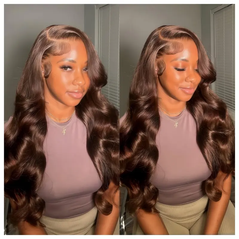 HANA HAIR #4 Chocolate Brown Human Hair Lace Front Wig, 13x4 Body Wave Full Frontal, 200% Density Vibrant Female Wig, Stretchable Glueless Wear-And-Go, Pre-Plucked Bleached Knots, Breathable HD Lace, Heat Resistant for Daily Wear