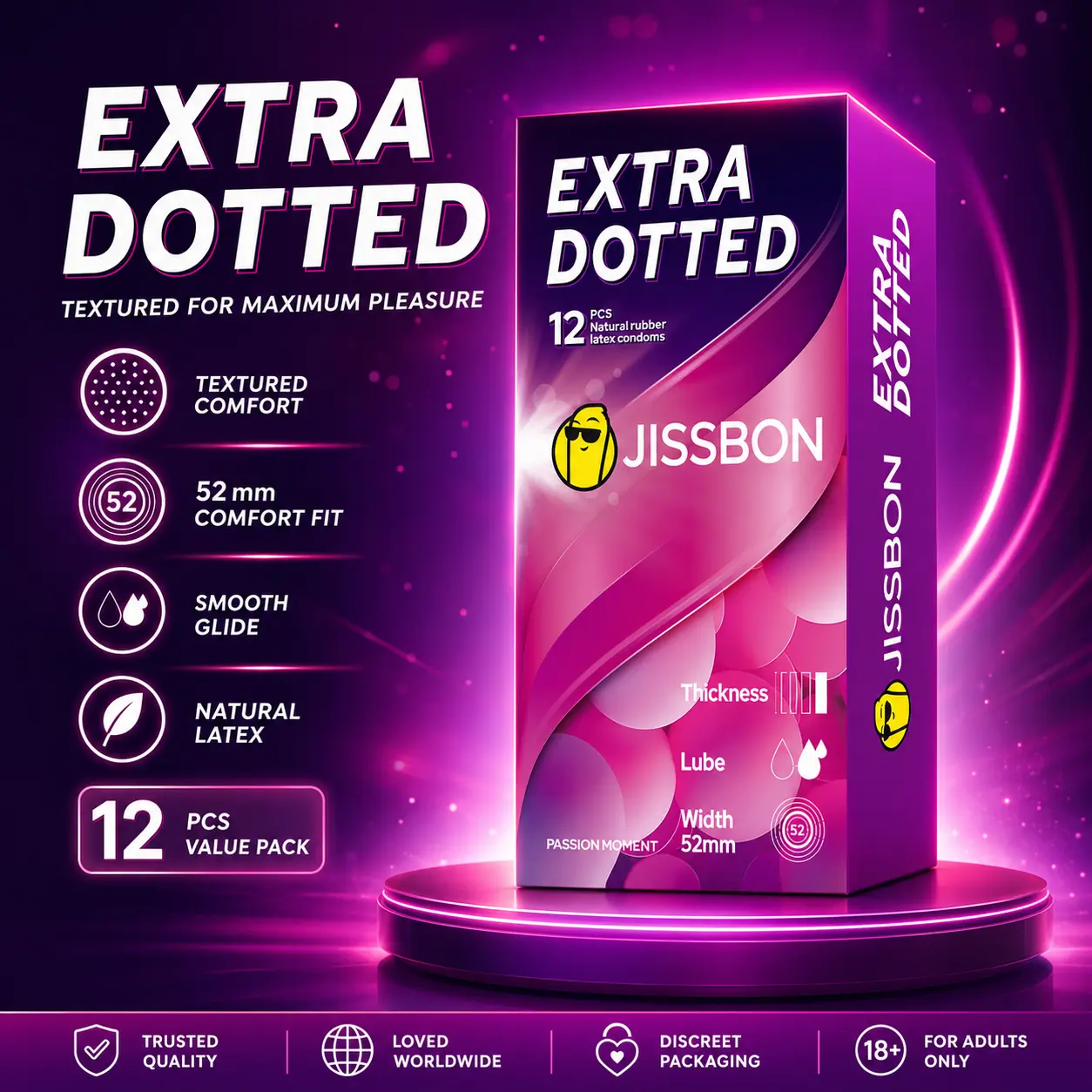 JISSBON Natural Latex Contraceptives 0.05mm Ultra-Thin,3D Extra Dotted Particles, Smooth Design, IntenseStimulation, Adult Daily Healthcare Essential with DiscreetPackaging, 12 Pcs
