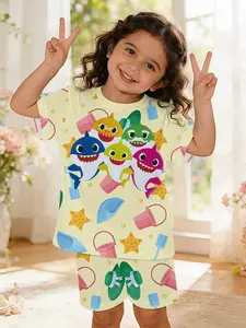 Beach Sharks Team Baby Girl's Digital Print Playful Designs 100% Polyester Short-sleeve Outfit, a cute casual clothing for baby girls, suitable for daily wear and outdoor sports as a T-shirt, a perfect gift for babies and toddlers.