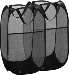2 Packs Mesh Pop up Laundry Hamper (Black) with Portable Handles, Collapsible for Storage, Foldable Pop-Up Laundry Bags for Home, College Dorm or Travel